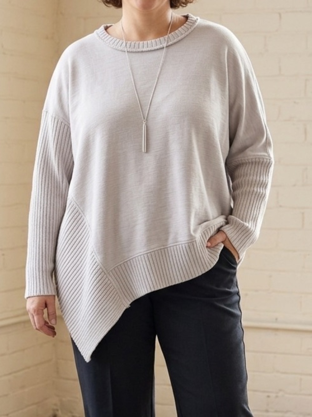 Neon Buddha 3X Asymmetrical Cotton Sweater Pullover Light Grey Lagenlook